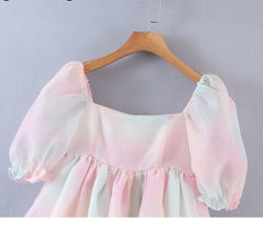 Voguable Sweet Women Multicolor Tie Dye Princess Party Dresses Sexy Square Neck Puff Sleeve Organza Dress Summer Short Vestido voguable