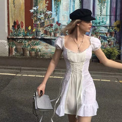 White embroidery lace uo dress women summer ruffle vinatge beach dress famale puff sleeve hollow out tulle dress voguable