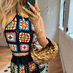 Hand knit Crocheted tops women square pattern retro summer cami Tops Halter Swimwear cover up blouse boho top voguable