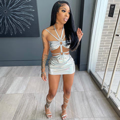 Voguable Solid Sleeveless Bodycon Halter Hollow Out Sexy Mini Dress 2021 Summer Women Fashion Streetwear Outfits Y2K voguable