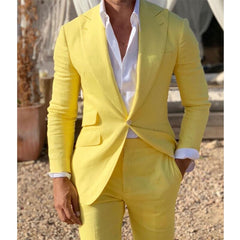 Voguable Yellow Linen Beach Men Suits Slim Fit 2 Piece Wedding Groom Tuxedo with Peaked Lapel Male Fashion Costume Blazer with Pants voguable