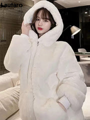 Voguable  Winter Fluffy Warm Soft White Oversized Faux Fur Jacket Women Long Sleeve Black Zip Up Faux Fur Sweatshirt Korean Hoodie voguable
