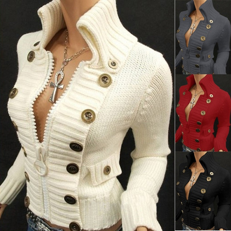 Voguable Vintage Sweater Women Button Desigan Long Sleeve Knitted Cardigan Jackets 2022 Autumn Fashion Knit Turtleneck Zipper Sweaters voguable