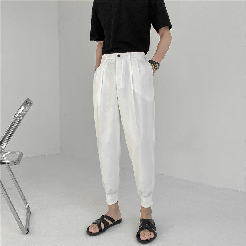2021 New Summer Men's White Suit Pants Korean Stylish Trousers Male Elastic Waist Solid Tapered Ankle Length Casual Pants Man voguable