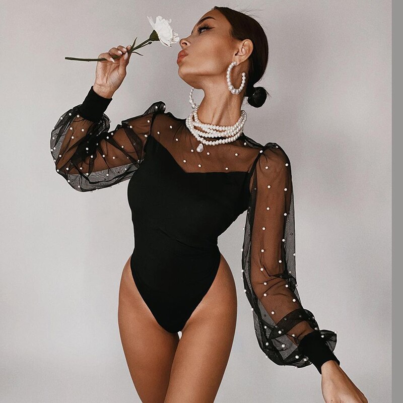 Voguable Mesh Pearl Patchwork Long Puff Sleeve Sexy Bodysuit Winter Women Fashion Streetwear Party Elegant Lady Romper voguable