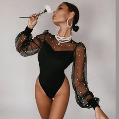 Voguable Mesh Pearl Patchwork Long Puff Sleeve Sexy Bodysuit Winter Women Fashion Streetwear Party Elegant Lady Romper voguable