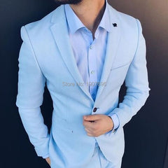 Voguable Slim Fit Men Suits for Wedding Prom Tuxedos 2019 Light Sky Blue 2 Piece Jacket Pants Male Suit Set Man Stage Clothes voguable