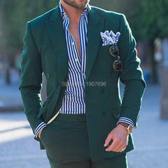 Voguable Double Breasted Dark Green Men Suits for Prom Party Suit 2019 Peaked Lapel Two Piece Jacket Pants Custom Wedding Groom Tuxedos voguable