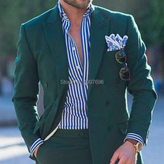 Voguable Double Breasted Dark Green Men Suits for Prom Party Suit 2019 Peaked Lapel Two Piece Jacket Pants Custom Wedding Groom Tuxedos voguable