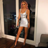 Voguable spaghetti straps silver reflective sexy bodycon mini dress2022summer women party club streetwear sleeveless clothes voguable