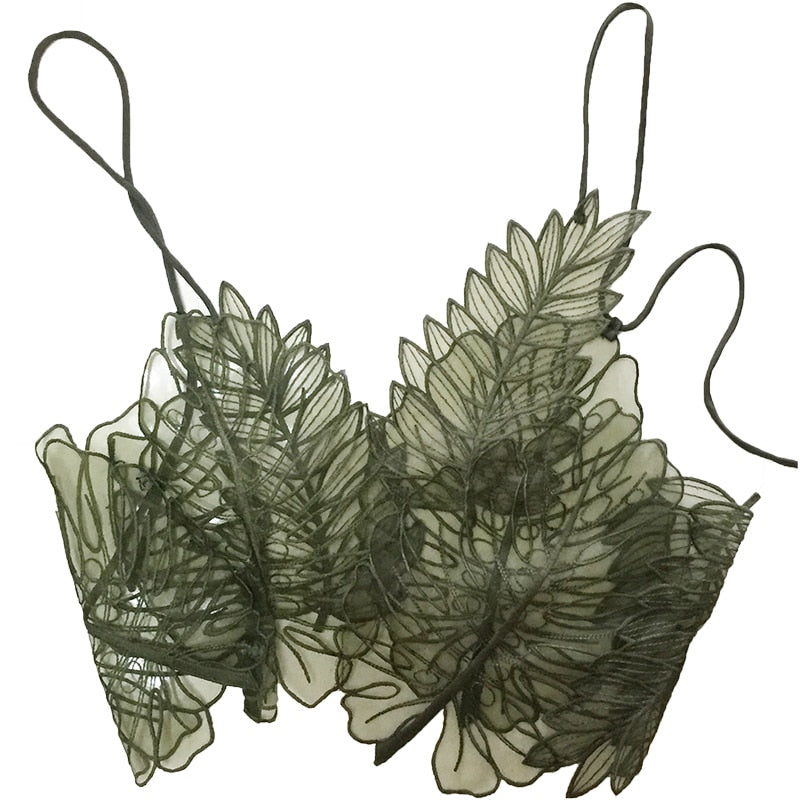 Voguable Women Tank Top Green Transparent Outfit Camisole Sexy Embroidered Tanks Organza Leaves Sexy Crop Top voguable