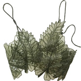 Voguable Women Tank Top Green Transparent Outfit Camisole Sexy Embroidered Tanks Organza Leaves Sexy Crop Top voguable