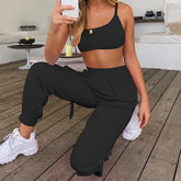Women Sexy 2 Piece Sets Summer Backless Bandage Lace Up Crop Tops High Waist Cargo Pants Pink and Black Jogger Outfits Tracksuit voguable