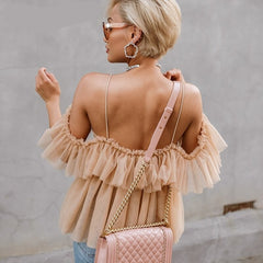 BerryGo Strap ruffles mesh blouse women shirt V neck off shoulder summer blouse tops Streetwear sexy peplum tops blusas 2019 new voguable
