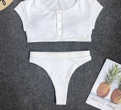 Voguable  High Waist Bikini Push Up 2022 Sports Swimsuit Female Button Wear Outside Swimwear Women Bathing Suit Thong Bikini Set voguable