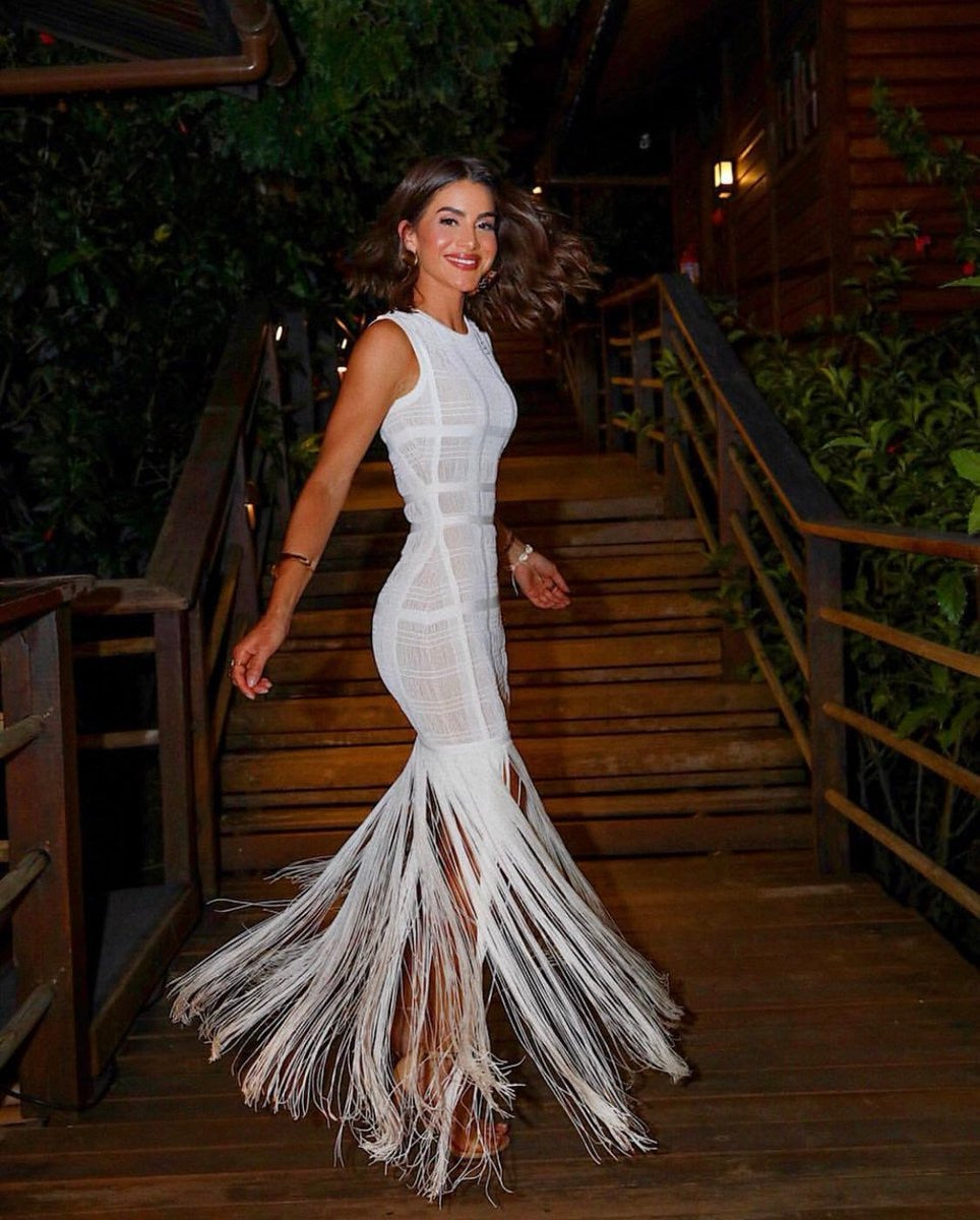 High Quality White Sleeveless Tassel Hollow Out Bodycon Rayon Bandage Dress Evening Party Sexy Dress voguable