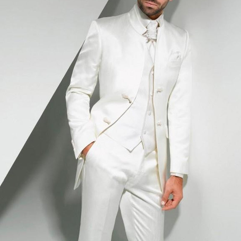 Voguable Vintage White Long Tunic Men Suits for Groom Wedding Tuxedo with Stand Collar 3 Piece Male Fashion Clothes Set Jacket Vest Pants voguable