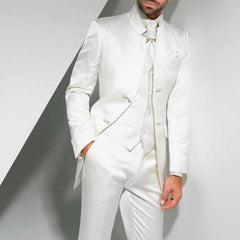 Voguable Vintage White Long Tunic Men Suits for Groom Wedding Tuxedo with Stand Collar 3 Piece Male Fashion Clothes Set Jacket Vest Pants voguable