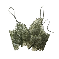 Voguable Women Tank Top Green Transparent Outfit Camisole Sexy Embroidered Tanks Organza Leaves Sexy Crop Top voguable
