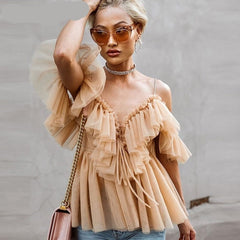 BerryGo Strap ruffles mesh blouse women shirt V neck off shoulder summer blouse tops Streetwear sexy peplum tops blusas 2019 new voguable