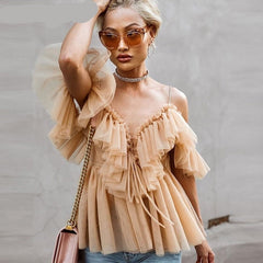 BerryGo Strap ruffles mesh blouse women shirt V neck off shoulder summer blouse tops Streetwear sexy peplum tops blusas 2019 new voguable