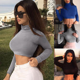 Women Turtleneck Slim Crop Tops Spring Autumn Solid Black White Blue Casual Tops Female Ladies Sexy T Shirt Clothes New voguable