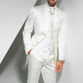 Voguable Vintage White Long Tunic Men Suits for Groom Wedding Tuxedo with Stand Collar 3 Piece Male Fashion Clothes Set Jacket Vest Pants voguable