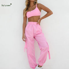 Women Sexy 2 Piece Sets Summer Backless Bandage Lace Up Crop Tops High Waist Cargo Pants Pink and Black Jogger Outfits Tracksuit voguable