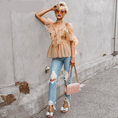 BerryGo Strap ruffles mesh blouse women shirt V neck off shoulder summer blouse tops Streetwear sexy peplum tops blusas 2019 new voguable