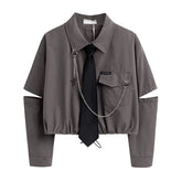 Voguable Fashion Punk Style Women Shirt Gothic Harajuku Dark Tie And Chain Long Sleeve Split Goth Design Streetwear Blouse Girl Crop Top voguable