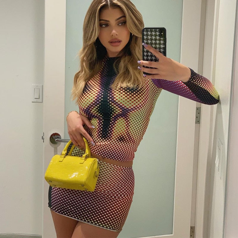 Autumn Streetwear Women 2 Piece Outfits Dot 3D Printed T Shirt And Skirt Long Sleeve Co-ord Sets Bodycon Baddie Clothes voguable