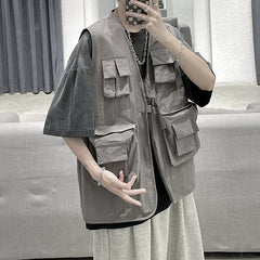 Voguable Tooling Vest Men Streetwear Cargo Vest Hip Hop Sleeveless Jacket Gilet Multi-Pocket Outdoors Tactical Coat Techwear voguable