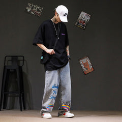 Voguable Rainbow Jeans Men Hip Hop Blue Pants Fashion Retro Baggy Jeans Harajuku Summer High Street Casual Hip Hop Pant Streetwear Males voguable