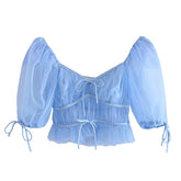 Voguable New Women Blue Tulle Transparent Sexy Crop Blouse Ladies Puff Sleeve Sweet Bow Summer Slim Tops voguable