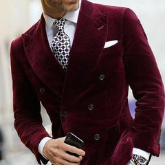 Voguable Burgundy Double Breasted Velvet Mens Blazer Elegant Single Coat Smoking Male Suit Dinner Jacket with Big Peaked Lapel Costume voguable