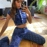 Voguable 2022 Short Sleeve Plaid Button Tshirt Leggings 2 Piece Matching Sets Summer Women Streetwear voguable