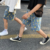 Summer Cotton Denim Shorts Men's Fashion Casual Flowers Denim Shorts Men Streetwear Korean Loose Drawstring Denim Shorts Mens voguable