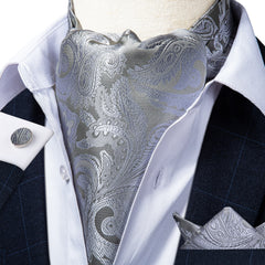Voguable Men Suit Vest silver Paisley Floral Silk Wedding Waistcoat Men Ascot Tie Pocket Square Necktie Ring Sleeveless Jacket DiBanGu voguable