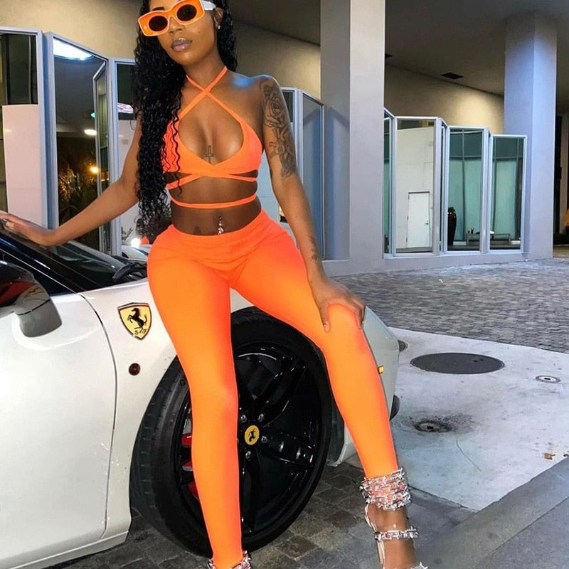Voguable  2022 Sleeveless Halter Solid Bandage Bra Pants 2 Pieces Set Sexy Summer Women Streetwear Y2K Club Outfits Bikini voguable