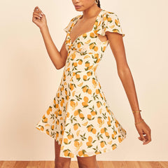 Women Dresses Summer Flutter Sleeve Lemon Print Mini Beach Dress Sweetheart Neck Twist Back Cut Out Fit Flare Short Dress voguable