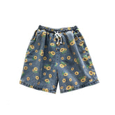 Summer Cotton Denim Shorts Men's Fashion Casual Flowers Denim Shorts Men Streetwear Korean Loose Drawstring Denim Shorts Mens voguable