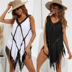 Voguable Beach Cover Ups For Swimwear Women Fringe Tunic Crochet Cover Up White Black Tunics Woman 2022 Summer Women's Bikini Cover-ups voguable