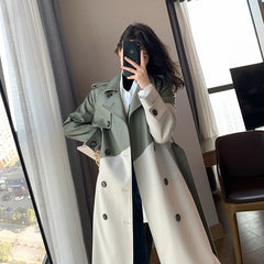 Women's Coat Spring Autumn Windbreaker Jacket Female Green Trench Quality Clothing Leather Stitching Windproof Long Ladies Cloak voguable
