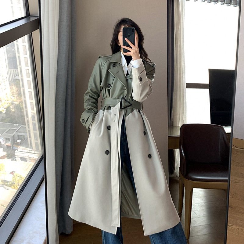 Women's Coat Spring Autumn Windbreaker Jacket Female Green Trench Quality Clothing Leather Stitching Windproof Long Ladies Cloak voguable