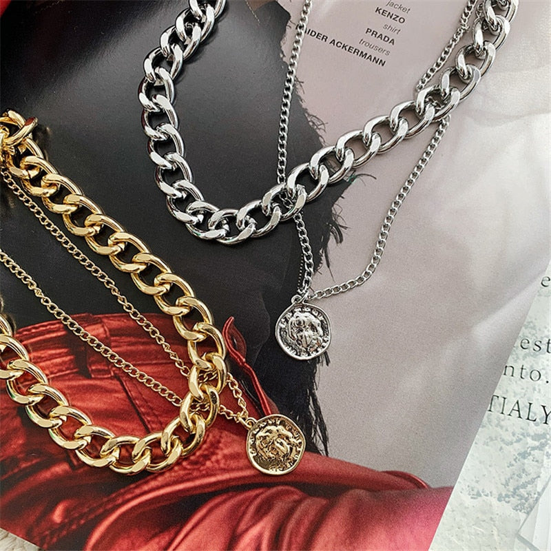 Voguable Retro Portrait Exaggerated Thick Chain Necklace Double Layer Cool Chain Hip Hop Necklace Short Clavicle Chain Accessories voguable