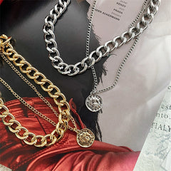 Voguable Retro Portrait Exaggerated Thick Chain Necklace Double Layer Cool Chain Hip Hop Necklace Short Clavicle Chain Accessories voguable