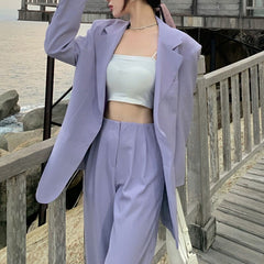 Spring Autumn Purple Blazer Sets Women Two Piece Set Long Sleeve Suit Jacket and Straight Wide Leg Pant Office 2 Piece Outfits voguable
