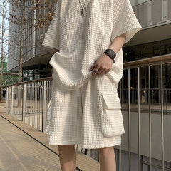 Voguable Men Short Sleeve Tee Oversized T-shirts Men's Sets Male Chic Casual Clothing Summer Cargo Shorts Set Two Piece Loose Tracksuit voguable