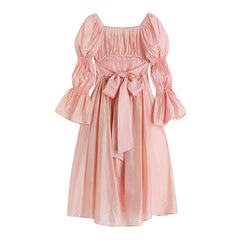 Voguable 2022 Autumn New Women's Dress French Vintage Sweet Style Hollow-Out Bow Lace-Up Square Collar Puff Sleeve Ladies Long Dresses voguable