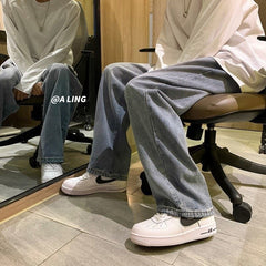 Voguable Black jeans men men's loose straight tube summer thin fashion brand ins wide leg mop dad pants ruffian handsome falling feeling voguable